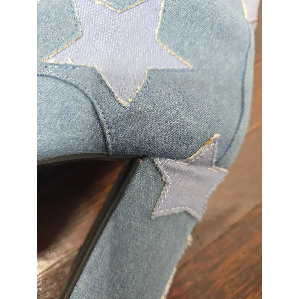 Dolls Kill Sugar Thrillz Shoot For the Stars Playhaus Platforms Denim sz 8